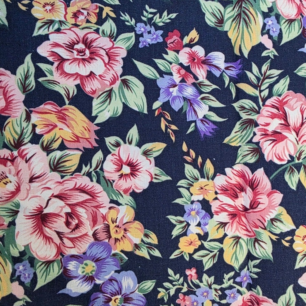 Vintage Floral Fabric Navy Pink Rose Purple Pansy Print 1 yd x 52in